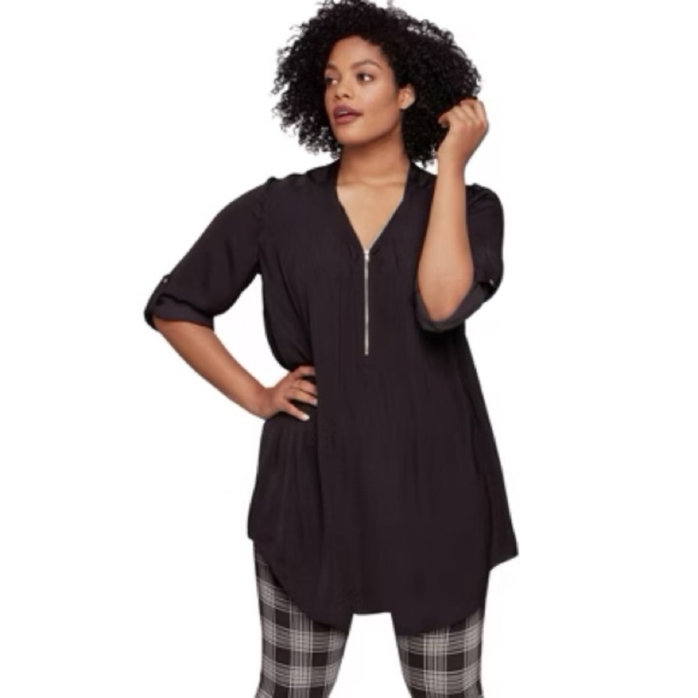 Ellos Plus Size Zip-Front Sateen Tunic Black W/Gold Zipper 4X